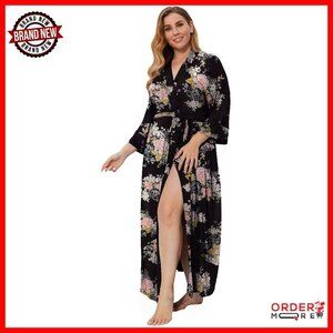 Plus Size Cotton Kimono Robe Soft Long Knit Bathrobe Lightweight Sleepwear